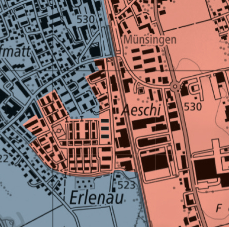 Ausschnitt der Karte mit dem u-förmigen Gebiet Erlenau