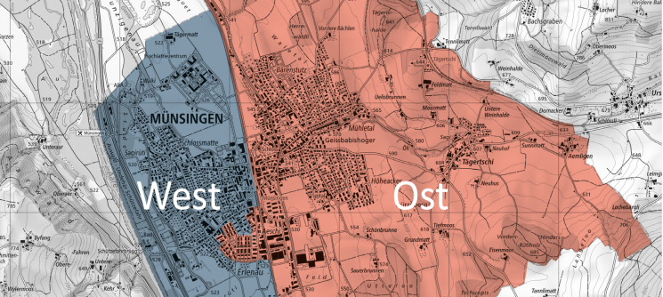 Sammelgebiete Ost (rot) und West (blau) in der Kartenübersicht