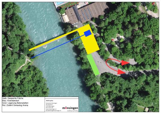 Situation Montage Betonplatten, dargestellt mit Flächen was gesperrt wird und wo der Bauplatz eingerichtet wird.