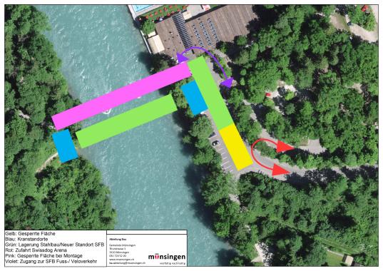 Situation Montage Stahlbau, dargestellt mit Flächen was gesperrt wird und wo der Bauplatz eingerichtet wird.