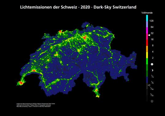 Übersicht Lichtemissionen der Schweiz im Jahr 2020